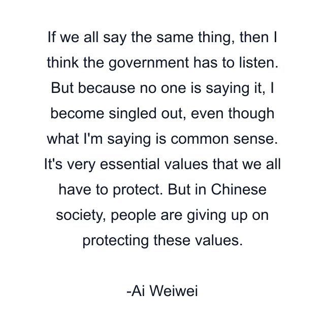 If we all say the same thing, then I think the government has to listen. But because no one is saying it, I become singled out, even though what I'm saying is common sense. It's very essential values that we all have to protect. But in Chinese society, people are giving up on protecting these values.