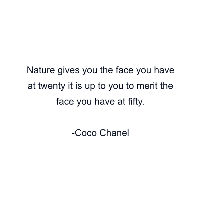Nature gives you the face you have at twenty it is up to you to merit the face you have at fifty.