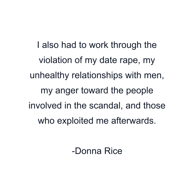 I also had to work through the violation of my date rape, my unhealthy relationships with men, my anger toward the people involved in the scandal, and those who exploited me afterwards.