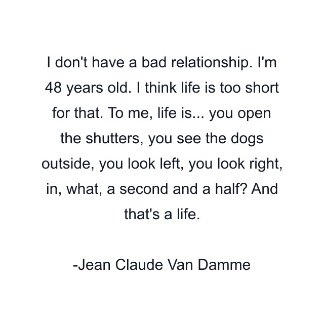 I don't have a bad relationship. I'm 48 years old. I think life is too short for that. To me, life is... you open the shutters, you see the dogs outside, you look left, you look right, in, what, a second and a half? And that's a life.