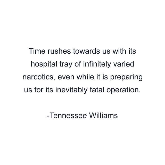 Time rushes towards us with its hospital tray of infinitely varied narcotics, even while it is preparing us for its inevitably fatal operation.