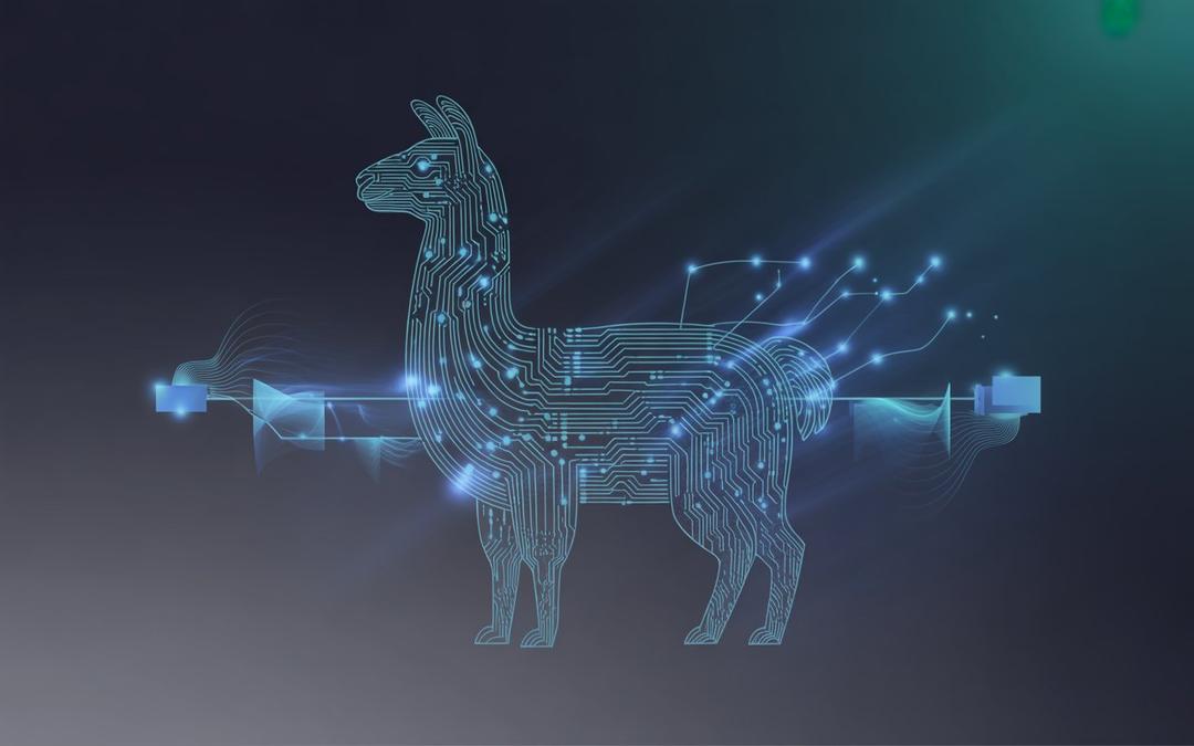 A sleek digital illustration showcasing a stylized llama silhouette composed of flowing data streams and circuit patterns in electric blue and silver. The llama stands prominently in the center, its form made of interconnected nodes and glowing pathways that represent local processing power. Behind the llama, a sophisticated home office setup features multiple monitors displaying code snippets and performance graphs, with a high-end computer tower glowing softly with internal LED lighting. The background transitions from deep navy blue to charcoal gray, creating a professional tech atmosphere with subtle particle effects and geometric shapes that suggest data privacy and secure local computing.